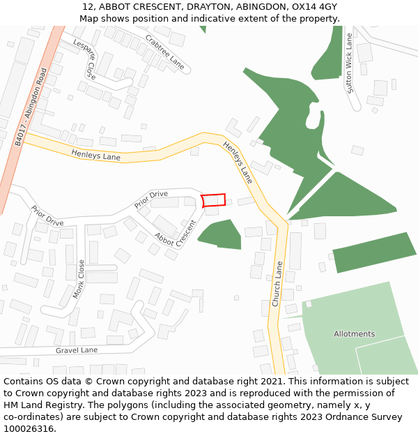 12, ABBOT CRESCENT, DRAYTON, ABINGDON, OX14 4GY: Location map and indicative extent of plot