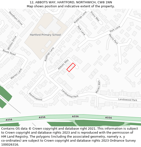 12, ABBOTS WAY, HARTFORD, NORTHWICH, CW8 1NN: Location map and indicative extent of plot