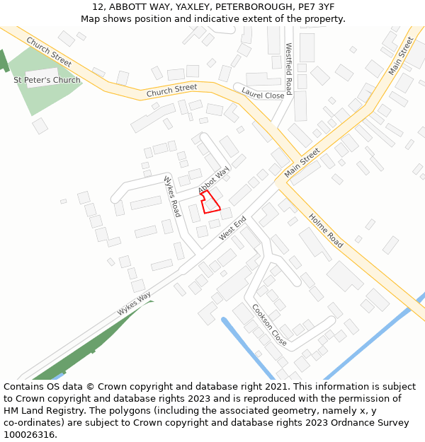 12, ABBOTT WAY, YAXLEY, PETERBOROUGH, PE7 3YF: Location map and indicative extent of plot