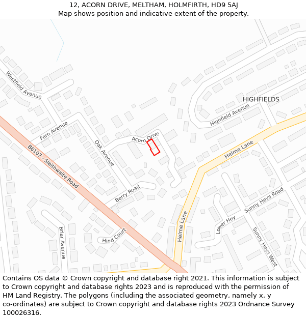 12, ACORN DRIVE, MELTHAM, HOLMFIRTH, HD9 5AJ: Location map and indicative extent of plot