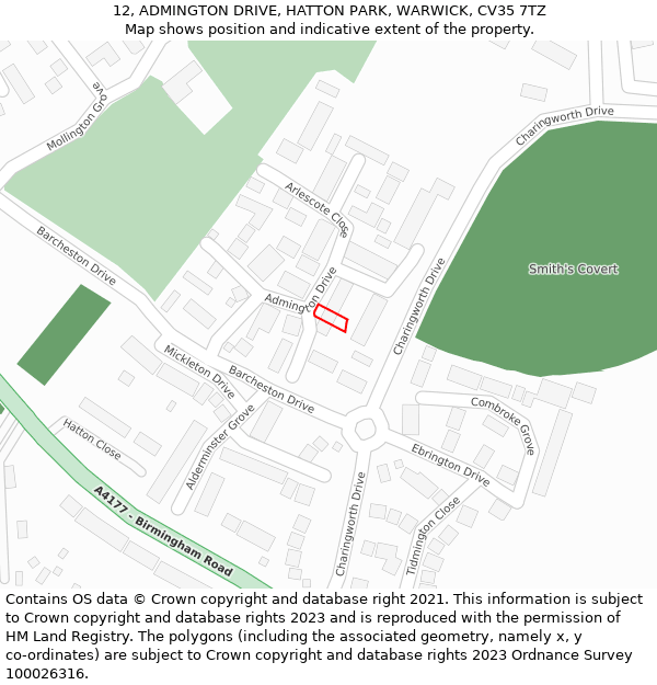 12, ADMINGTON DRIVE, HATTON PARK, WARWICK, CV35 7TZ: Location map and indicative extent of plot