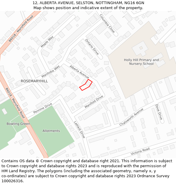 12, ALBERTA AVENUE, SELSTON, NOTTINGHAM, NG16 6GN: Location map and indicative extent of plot