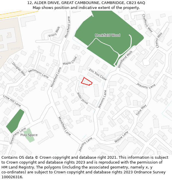 12, ALDER DRIVE, GREAT CAMBOURNE, CAMBRIDGE, CB23 6AQ: Location map and indicative extent of plot