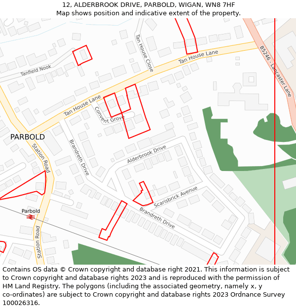 12, ALDERBROOK DRIVE, PARBOLD, WIGAN, WN8 7HF: Location map and indicative extent of plot