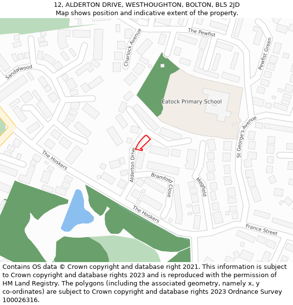 12, ALDERTON DRIVE, WESTHOUGHTON, BOLTON, BL5 2JD: Location map and indicative extent of plot