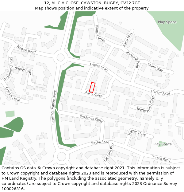 12, ALICIA CLOSE, CAWSTON, RUGBY, CV22 7GT: Location map and indicative extent of plot