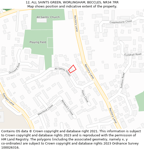 12, ALL SAINTS GREEN, WORLINGHAM, BECCLES, NR34 7RR: Location map and indicative extent of plot