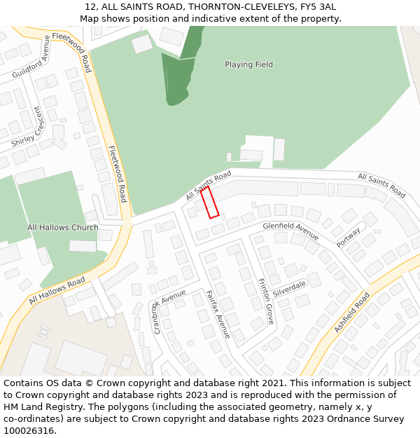 12, ALL SAINTS ROAD, THORNTON-CLEVELEYS, FY5 3AL: Location map and indicative extent of plot