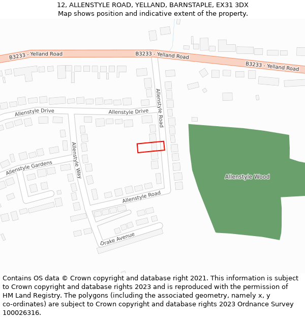 12, ALLENSTYLE ROAD, YELLAND, BARNSTAPLE, EX31 3DX: Location map and indicative extent of plot