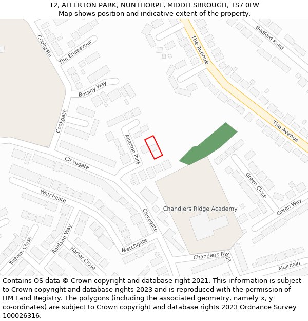 12, ALLERTON PARK, NUNTHORPE, MIDDLESBROUGH, TS7 0LW: Location map and indicative extent of plot