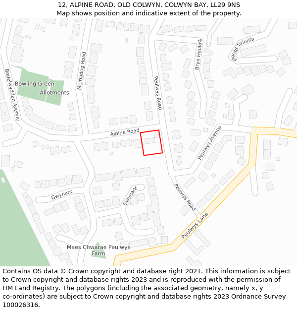 12, ALPINE ROAD, OLD COLWYN, COLWYN BAY, LL29 9NS: Location map and indicative extent of plot