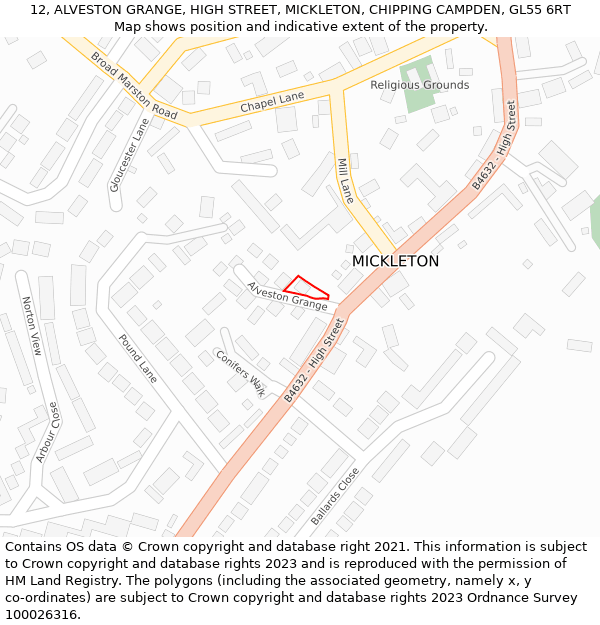 12, ALVESTON GRANGE, HIGH STREET, MICKLETON, CHIPPING CAMPDEN, GL55 6RT: Location map and indicative extent of plot