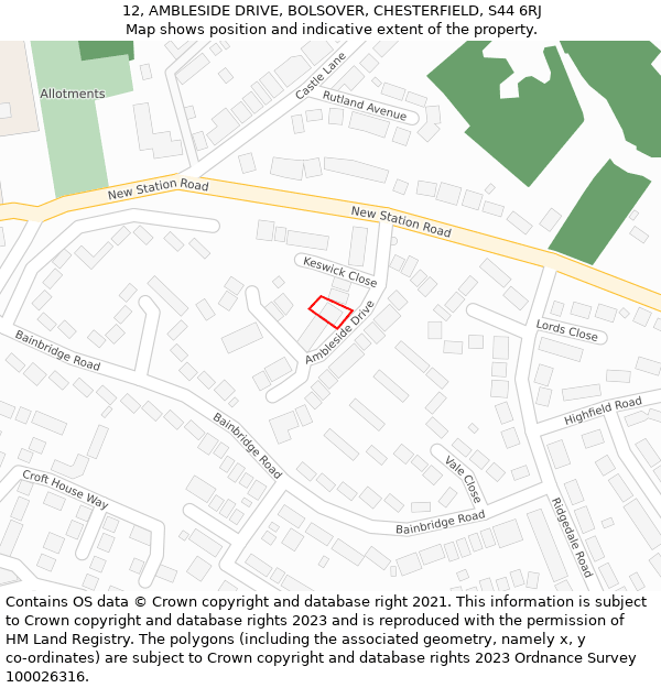 12, AMBLESIDE DRIVE, BOLSOVER, CHESTERFIELD, S44 6RJ: Location map and indicative extent of plot