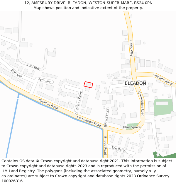 12, AMESBURY DRIVE, BLEADON, WESTON-SUPER-MARE, BS24 0PN: Location map and indicative extent of plot