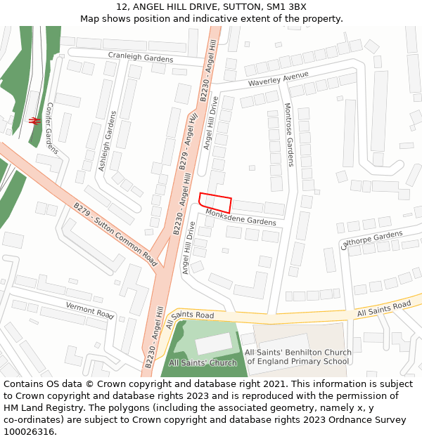 12, ANGEL HILL DRIVE, SUTTON, SM1 3BX: Location map and indicative extent of plot