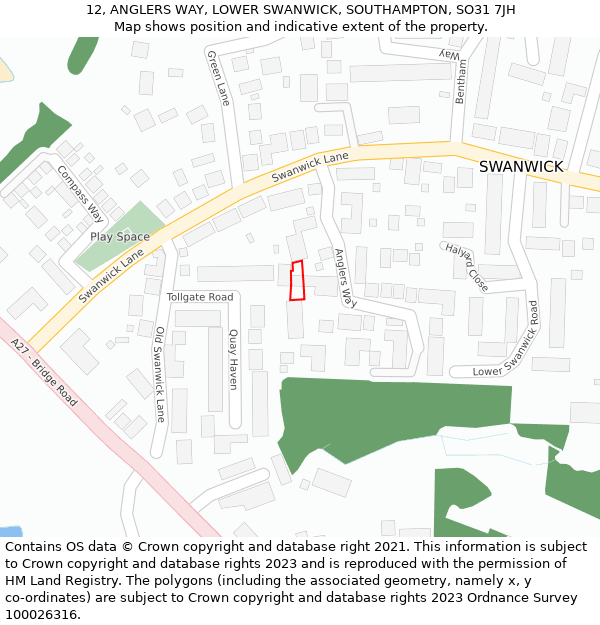 12, ANGLERS WAY, LOWER SWANWICK, SOUTHAMPTON, SO31 7JH: Location map and indicative extent of plot