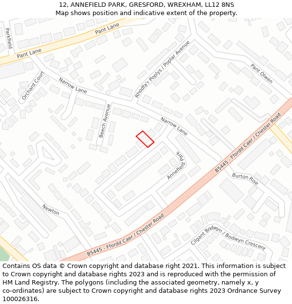 12, ANNEFIELD PARK, GRESFORD, WREXHAM, LL12 8NS: Location map and indicative extent of plot