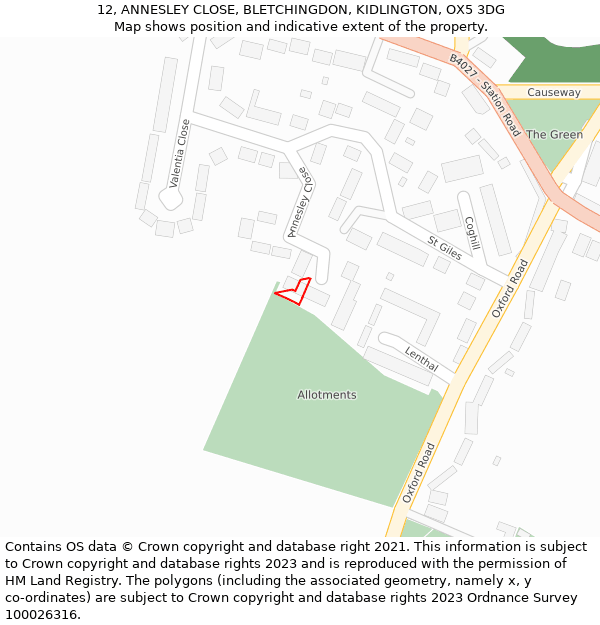 12, ANNESLEY CLOSE, BLETCHINGDON, KIDLINGTON, OX5 3DG: Location map and indicative extent of plot