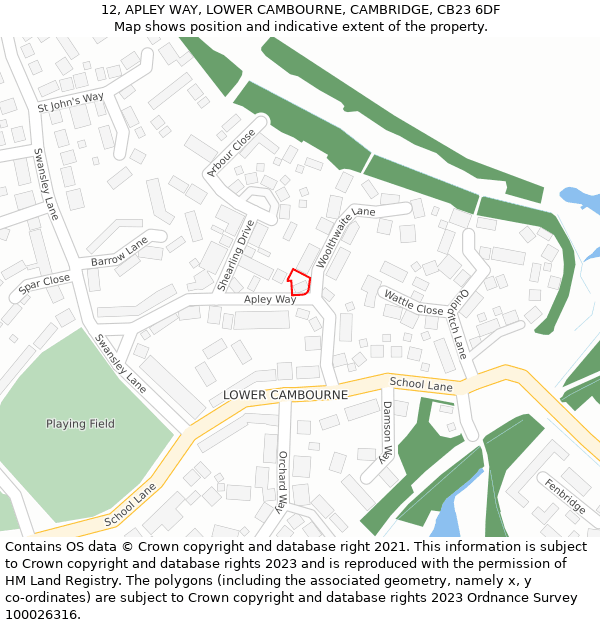 12, APLEY WAY, LOWER CAMBOURNE, CAMBRIDGE, CB23 6DF: Location map and indicative extent of plot