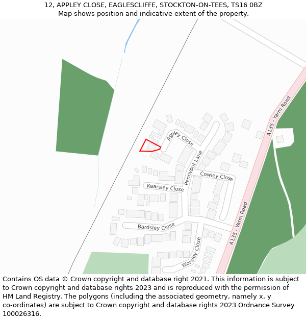 12, APPLEY CLOSE, EAGLESCLIFFE, STOCKTON-ON-TEES, TS16 0BZ: Location map and indicative extent of plot