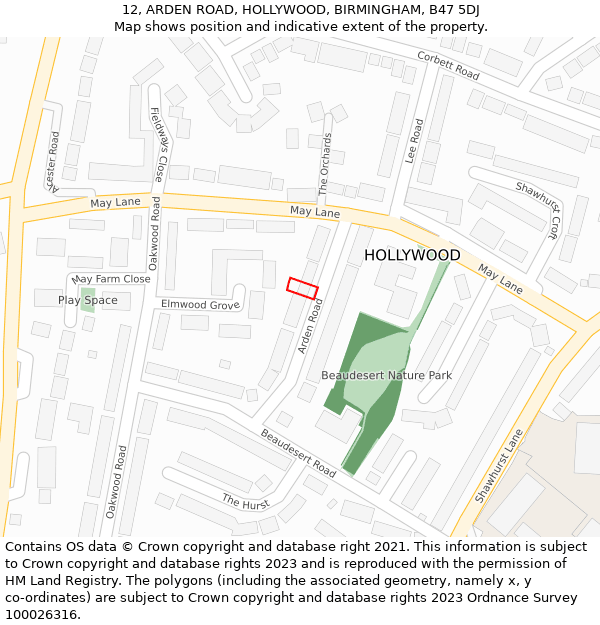 12, ARDEN ROAD, HOLLYWOOD, BIRMINGHAM, B47 5DJ: Location map and indicative extent of plot