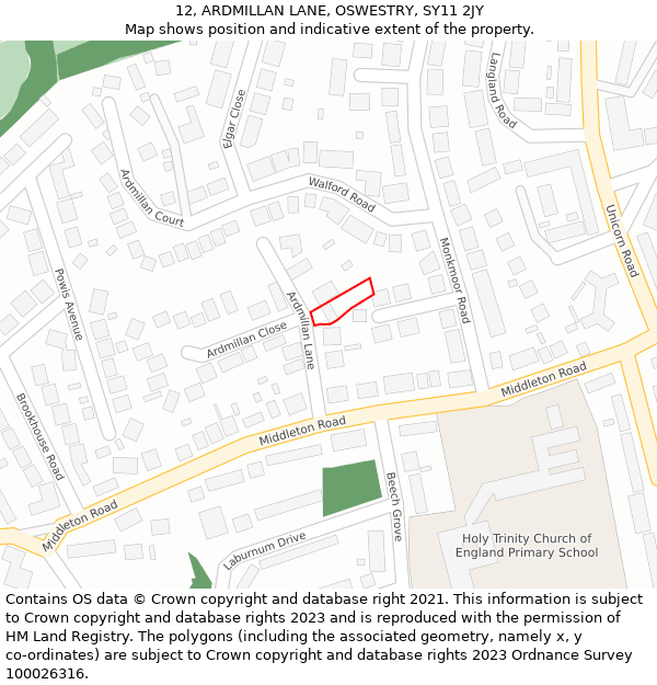 12, ARDMILLAN LANE, OSWESTRY, SY11 2JY: Location map and indicative extent of plot