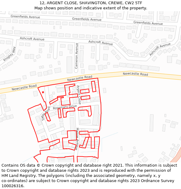 12, ARGENT CLOSE, SHAVINGTON, CREWE, CW2 5TF: Location map and indicative extent of plot