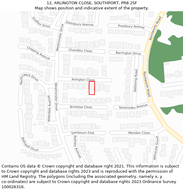 12, ARLINGTON CLOSE, SOUTHPORT, PR8 2SF: Location map and indicative extent of plot