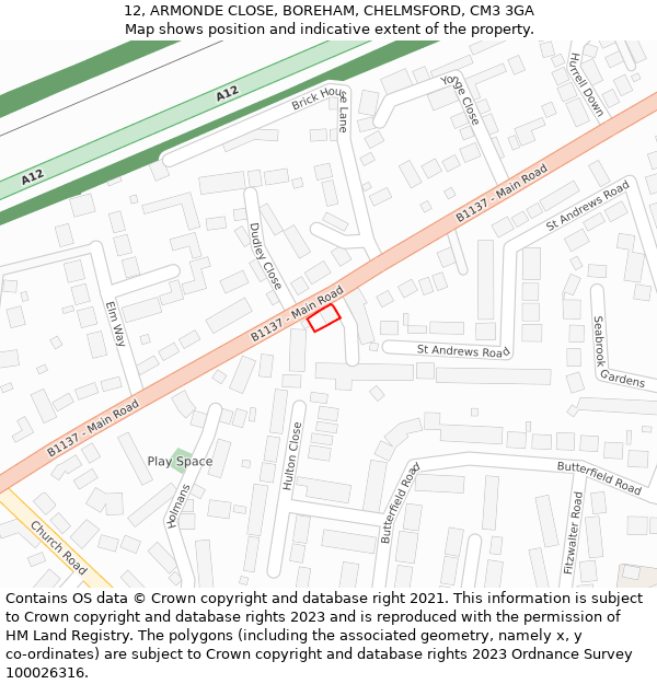 12, ARMONDE CLOSE, BOREHAM, CHELMSFORD, CM3 3GA: Location map and indicative extent of plot