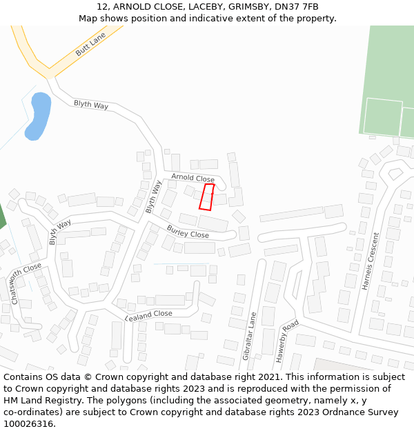 12, ARNOLD CLOSE, LACEBY, GRIMSBY, DN37 7FB: Location map and indicative extent of plot