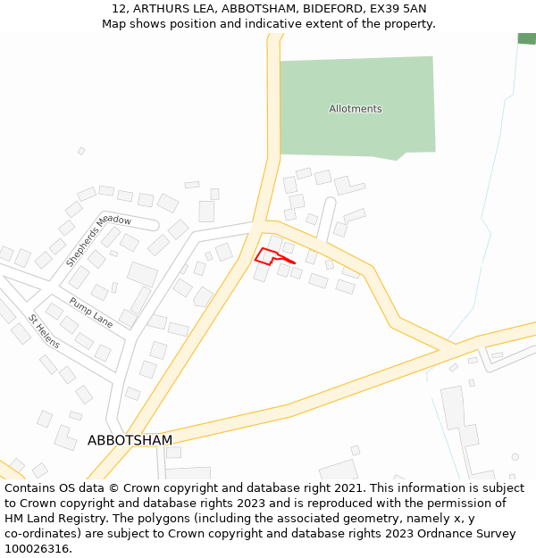 12, ARTHURS LEA, ABBOTSHAM, BIDEFORD, EX39 5AN: Location map and indicative extent of plot