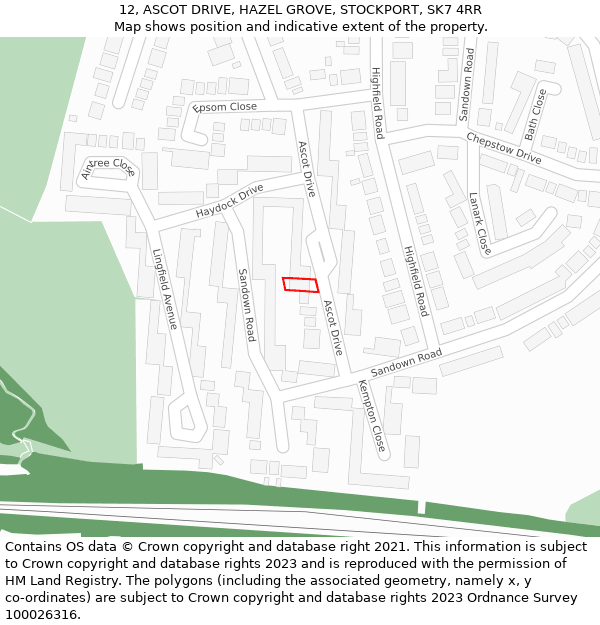 12, ASCOT DRIVE, HAZEL GROVE, STOCKPORT, SK7 4RR: Location map and indicative extent of plot