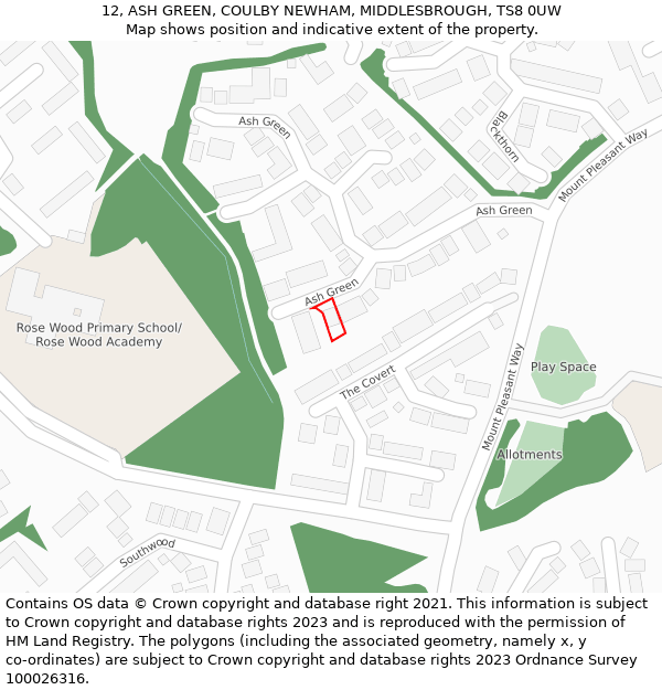 12, ASH GREEN, COULBY NEWHAM, MIDDLESBROUGH, TS8 0UW: Location map and indicative extent of plot