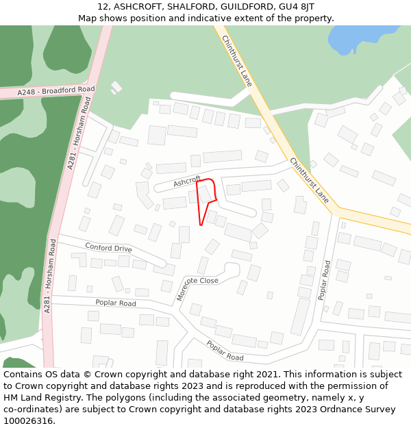 12, ASHCROFT, SHALFORD, GUILDFORD, GU4 8JT: Location map and indicative extent of plot