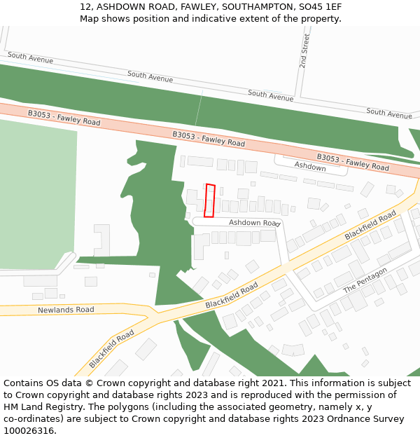 12, ASHDOWN ROAD, FAWLEY, SOUTHAMPTON, SO45 1EF: Location map and indicative extent of plot