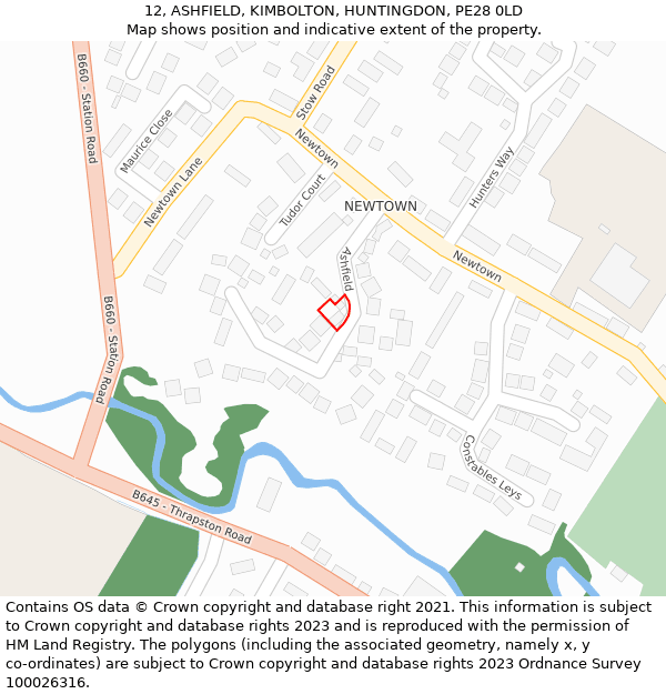 12, ASHFIELD, KIMBOLTON, HUNTINGDON, PE28 0LD: Location map and indicative extent of plot