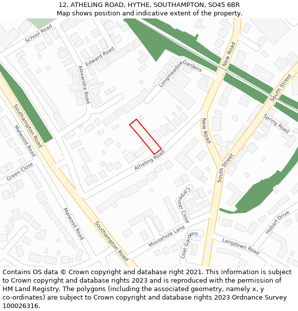 12, ATHELING ROAD, HYTHE, SOUTHAMPTON, SO45 6BR: Location map and indicative extent of plot