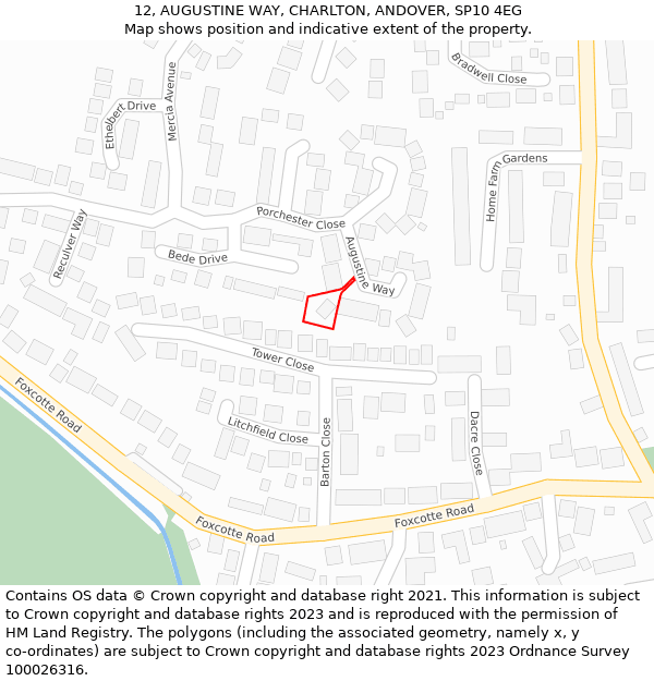 12, AUGUSTINE WAY, CHARLTON, ANDOVER, SP10 4EG: Location map and indicative extent of plot