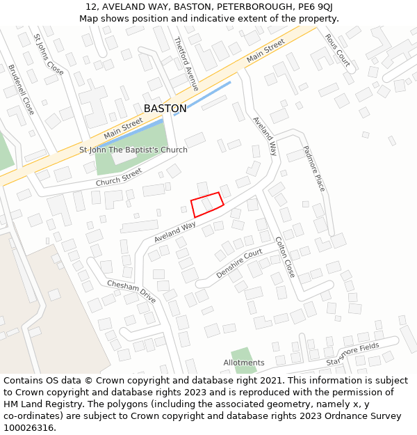 12, AVELAND WAY, BASTON, PETERBOROUGH, PE6 9QJ: Location map and indicative extent of plot