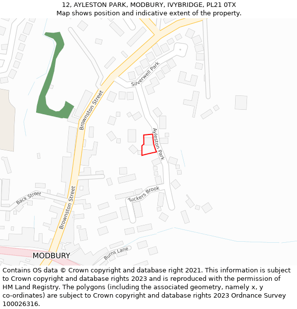 12, AYLESTON PARK, MODBURY, IVYBRIDGE, PL21 0TX: Location map and indicative extent of plot