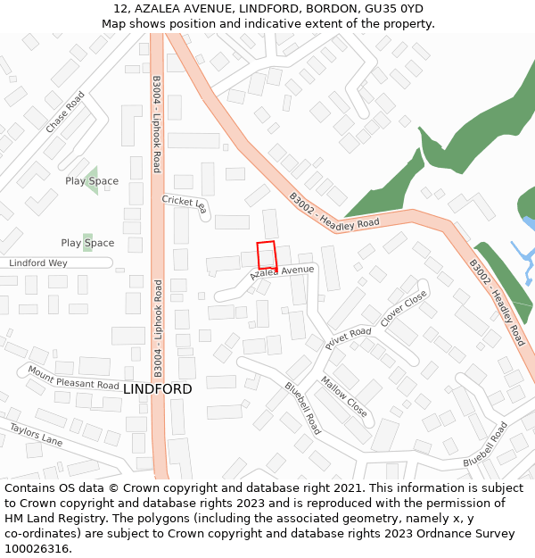 12, AZALEA AVENUE, LINDFORD, BORDON, GU35 0YD: Location map and indicative extent of plot