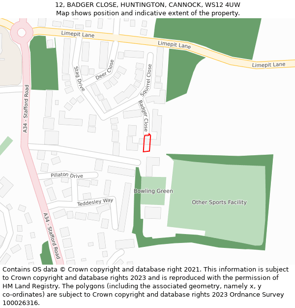 12, BADGER CLOSE, HUNTINGTON, CANNOCK, WS12 4UW: Location map and indicative extent of plot