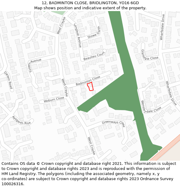 12, BADMINTON CLOSE, BRIDLINGTON, YO16 6GD: Location map and indicative extent of plot