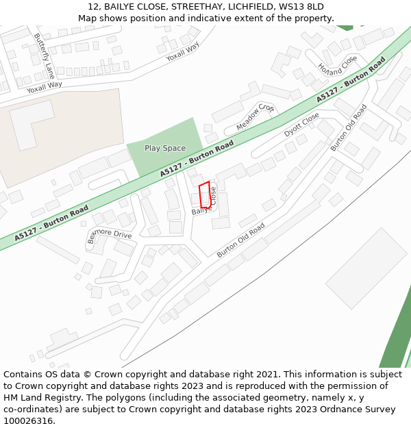 12, BAILYE CLOSE, STREETHAY, LICHFIELD, WS13 8LD: Location map and indicative extent of plot