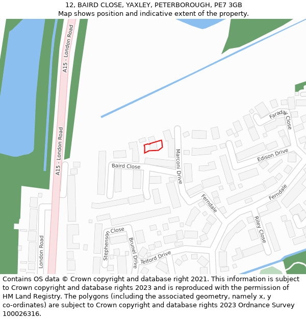 12, BAIRD CLOSE, YAXLEY, PETERBOROUGH, PE7 3GB: Location map and indicative extent of plot