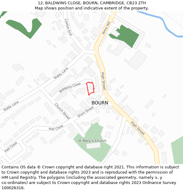 12, BALDWINS CLOSE, BOURN, CAMBRIDGE, CB23 2TH: Location map and indicative extent of plot