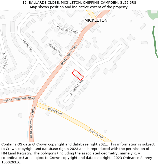 12, BALLARDS CLOSE, MICKLETON, CHIPPING CAMPDEN, GL55 6RS: Location map and indicative extent of plot