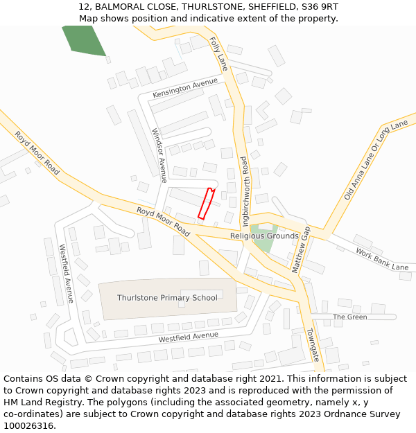 12, BALMORAL CLOSE, THURLSTONE, SHEFFIELD, S36 9RT: Location map and indicative extent of plot