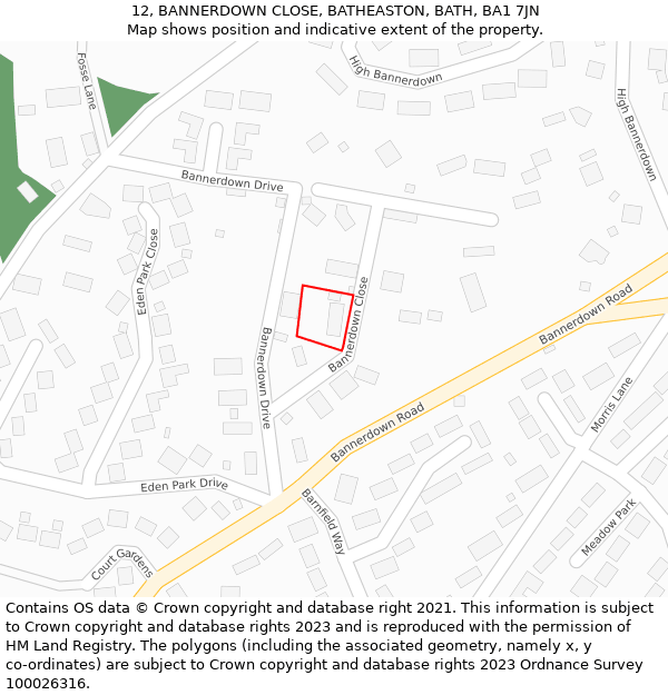12, BANNERDOWN CLOSE, BATHEASTON, BATH, BA1 7JN: Location map and indicative extent of plot