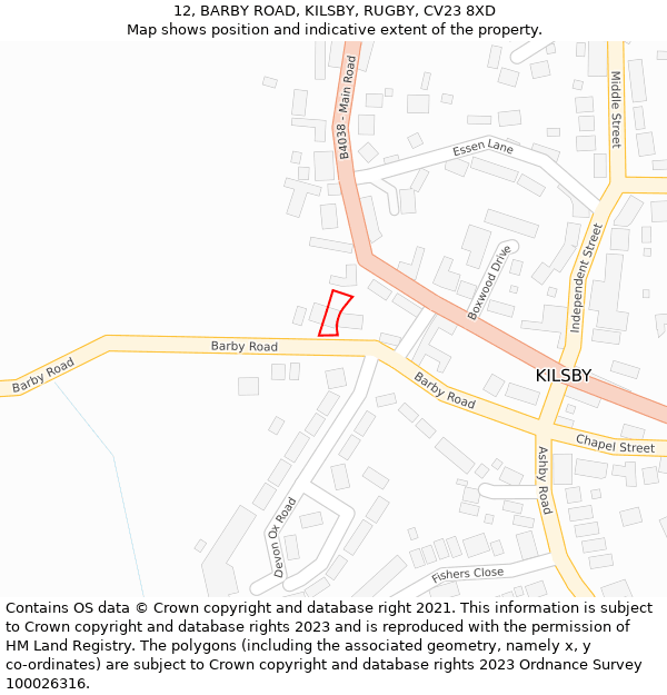 12, BARBY ROAD, KILSBY, RUGBY, CV23 8XD: Location map and indicative extent of plot